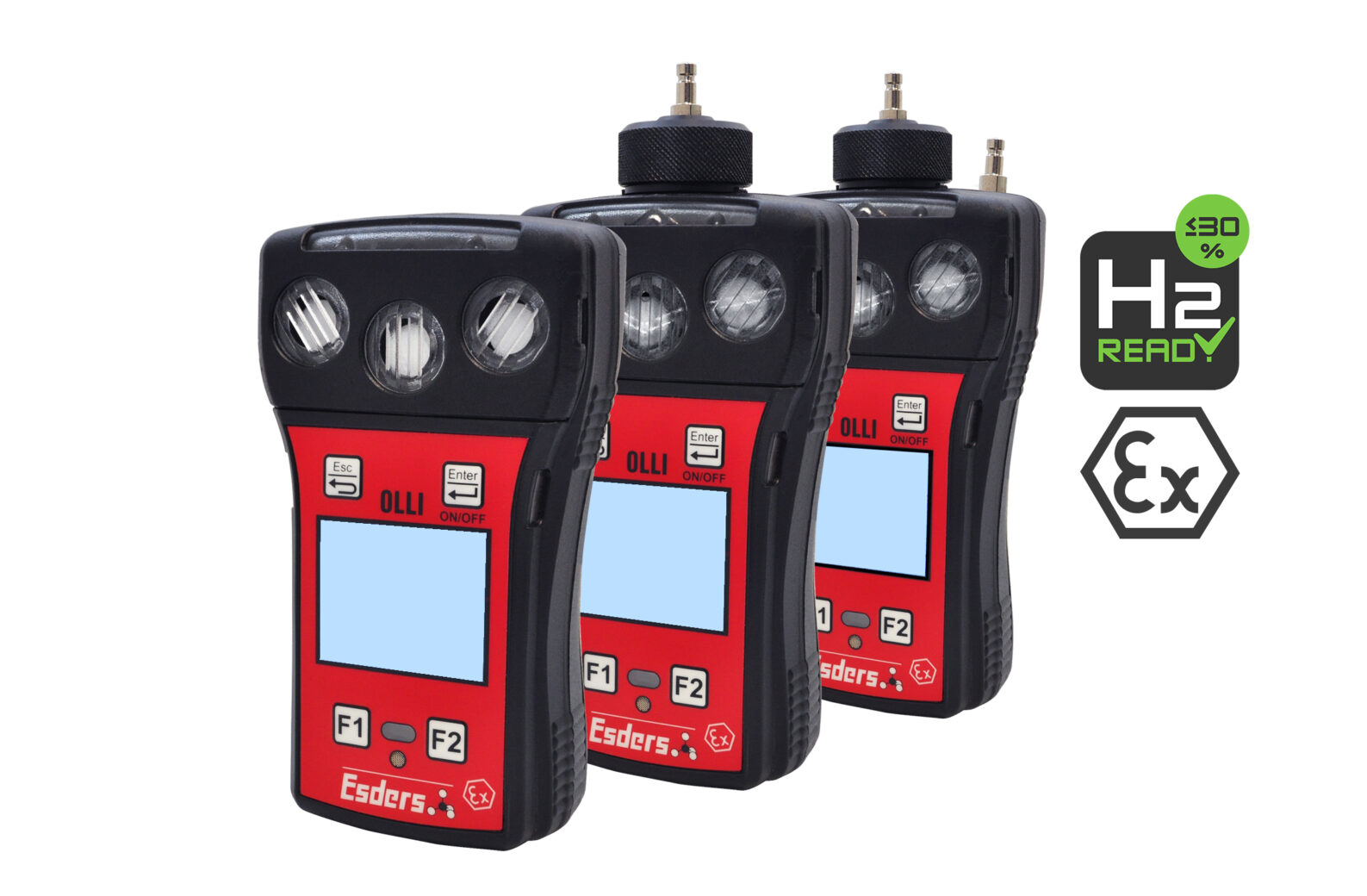 Unsere drei OLLI Freimessen Gasdetektoren auf weißem Untergrund. Mit Ex Logo und H2 ready Icon.